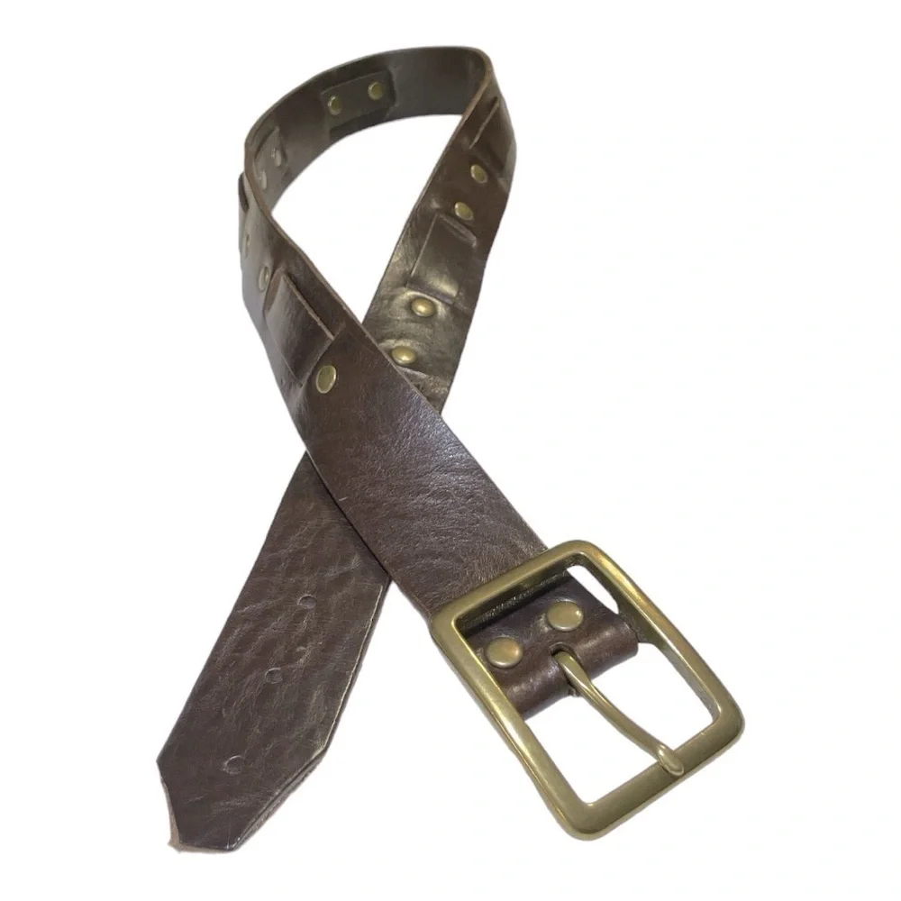Vintage Brown Leather Belt Brass Buckle Rivet Detail Distressed 36-38